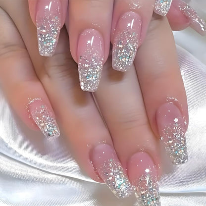Ombre Pink Press on Nails - Medium Coffin Fake Nails with Design Bling Glitter Sequins - Glue on Nails - Full Cover Acrylic Stick on Nails - Glossy Artificial Nails for Women - Manicure - 24Pcs