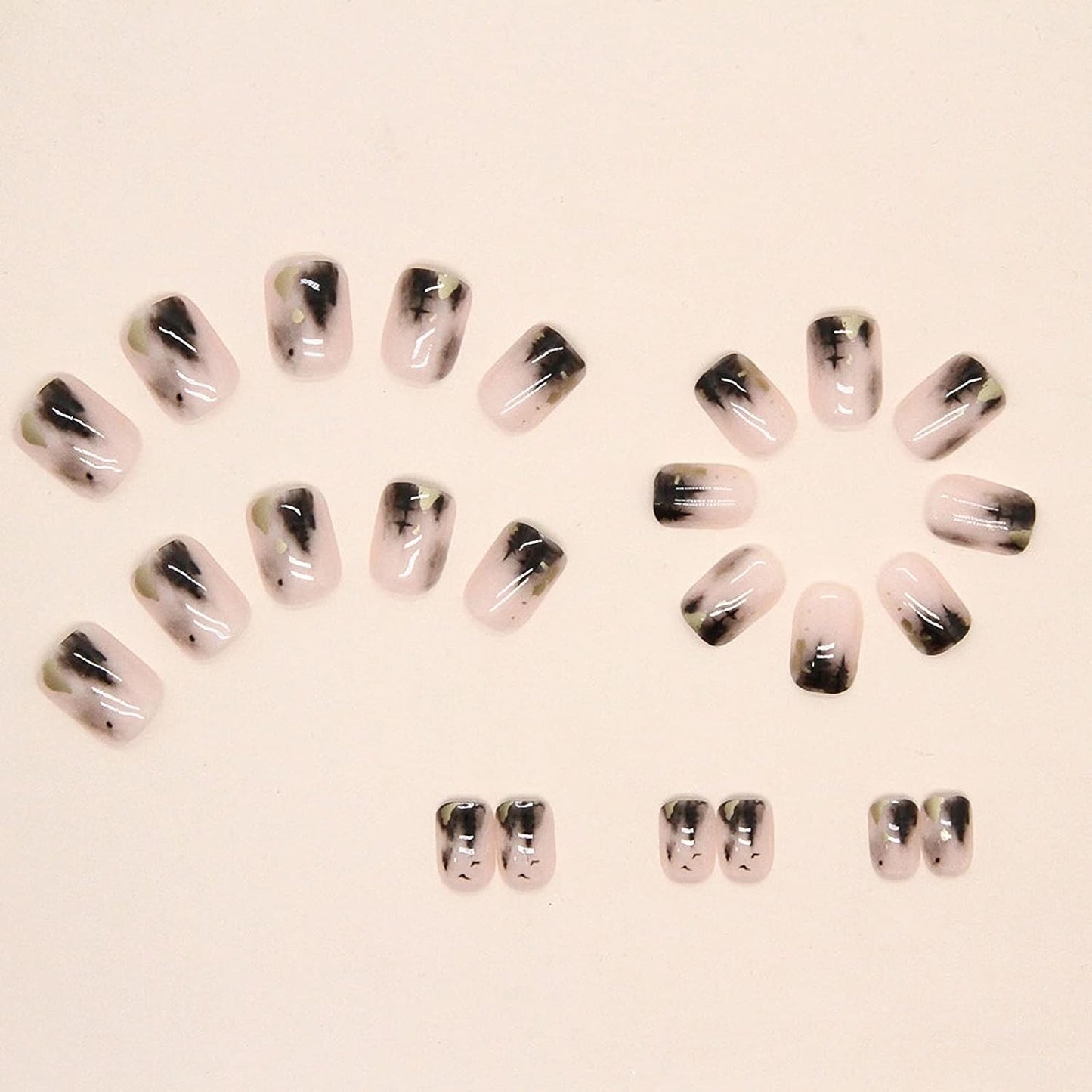 Press on Nails - Short Square Glue on Nails with Black Ink, Acrylic Gold Foil Design 24 Pcs