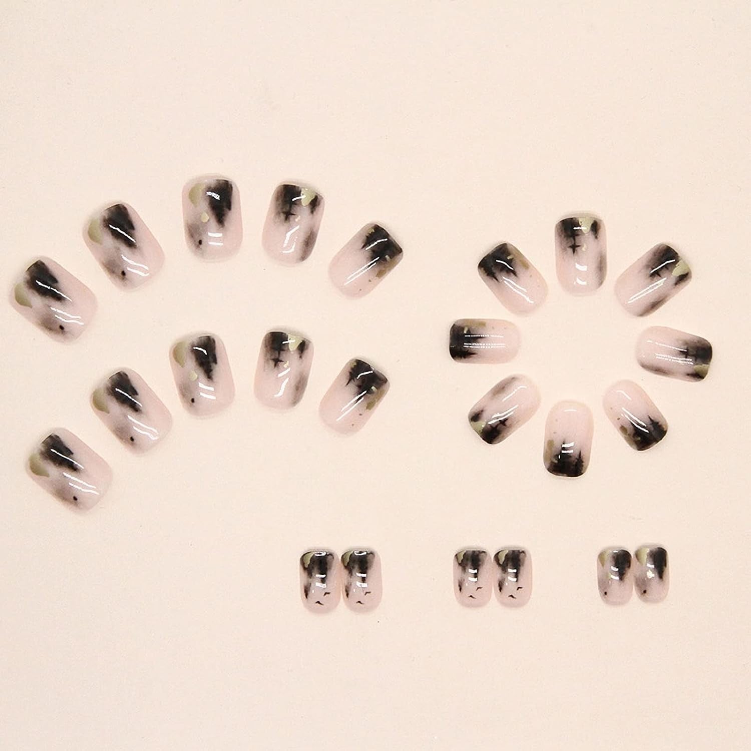 Press on Nails - Short Square Glue on Nails with Black Ink, Acrylic Gold Foil Design 24 Pcs