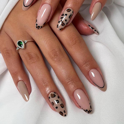 Almond Press on Nails Medium Fake Nails Light Brown French Tip Glue Ons Leopard Design Stiletto Fall Cheetah Acrylic False Nail Glossy 24Pcs