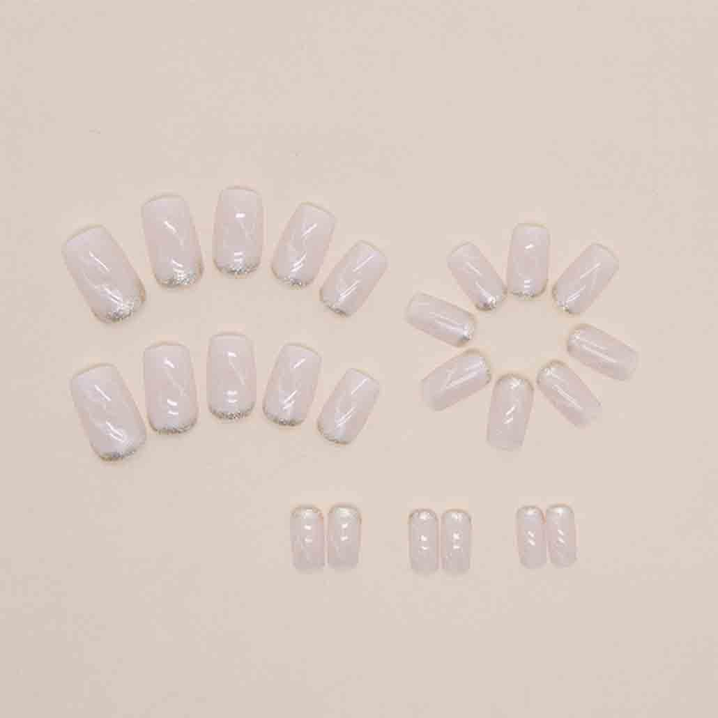 Medium French Tip Press-On Nails - Luxury Pink Marble Acrylic with Rhinestones, 24 Pieces for Women and Girls