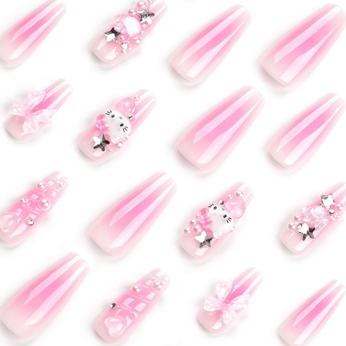 24Pcs Pink Coffin Nails Press on Nails Long Coffin Fake Nail with 3D Heart Pearl Star Charms Design Nail Art Gems Diamond Pink Acrylic Nail Art Supply Full Cover Stick on Nails Art for Women