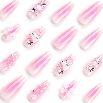 24Pcs Pink Coffin Nails Press on Nails Long Coffin Fake Nail with 3D Heart Pearl Star Charms Design Nail Art Gems Diamond Pink Acrylic Nail Art Supply Full Cover Stick on Nails Art for Women