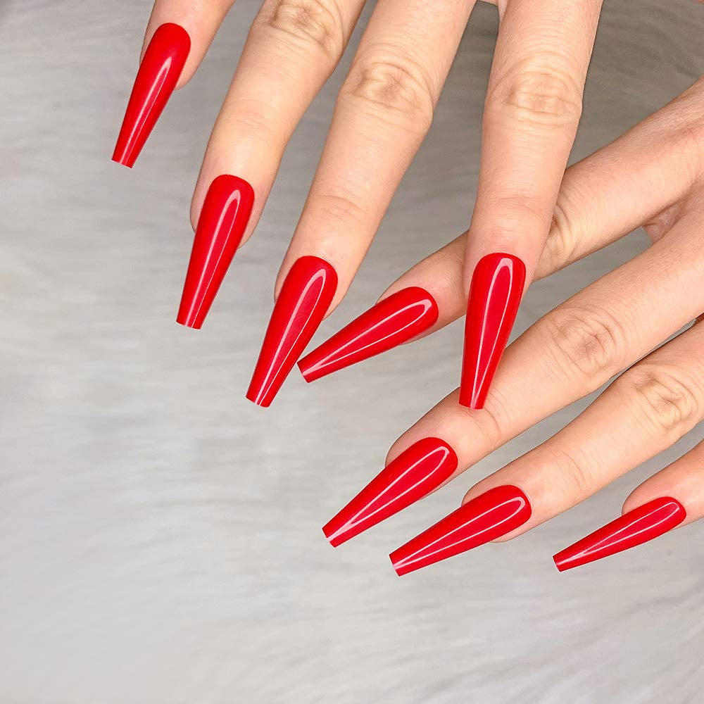 24Pcs Red Pure Color Ballerina Long Coffin Glossy Fake Nails Press on Nail False Tips Manicure for Women