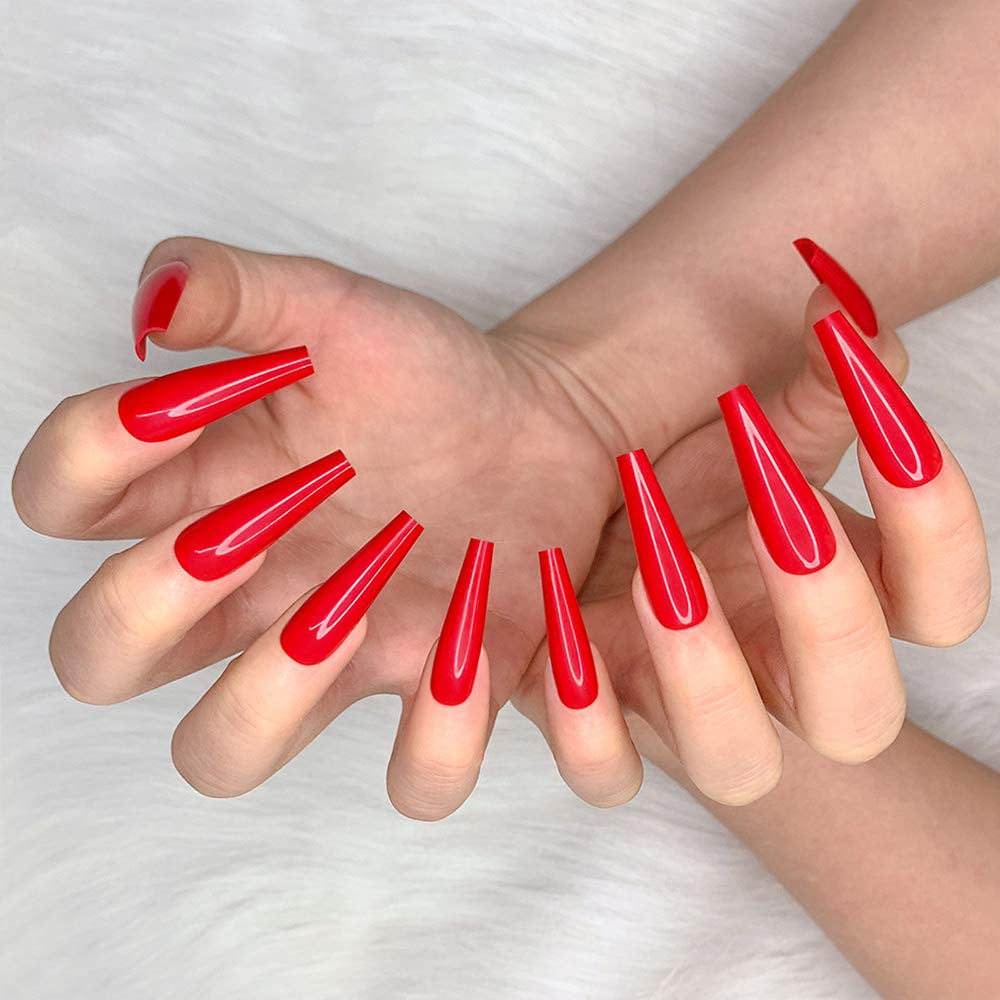 24Pcs Red Pure Color Ballerina Long Coffin Glossy Fake Nails Press on Nail False Tips Manicure for Women