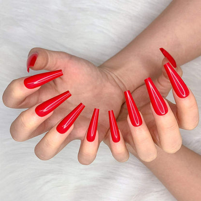 24Pcs Red Pure Color Ballerina Long Coffin Glossy Fake Nails Press on Nail False Tips Manicure for Women