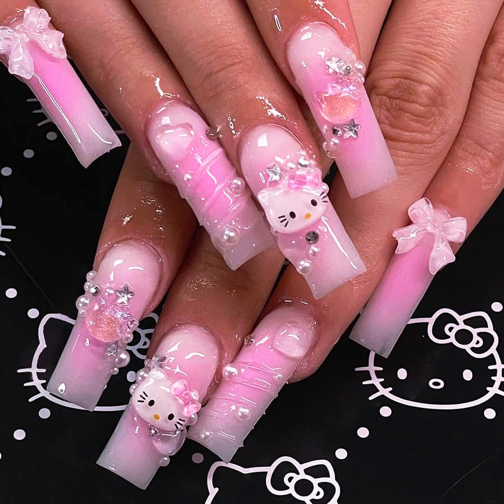 24Pcs Pink Coffin Nails Press on Nails Long Coffin Fake Nail with 3D Heart Pearl Star Charms Design Nail Art Gems Diamond Pink Acrylic Nail Art Supply Full Cover Stick on Nails Art for Women