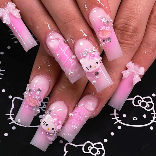 24Pcs Pink Coffin Nails Press on Nails Long Coffin Fake Nail with 3D Heart Pearl Star Charms Design Nail Art Gems Diamond Pink Acrylic Nail Art Supply Full Cover Stick on Nails Art for Women