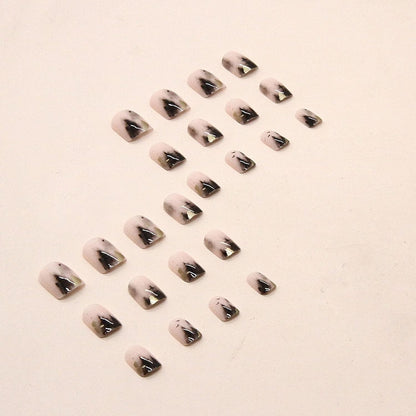 Press on Nails - Short Square Glue on Nails with Black Ink, Acrylic Gold Foil Design 24 Pcs