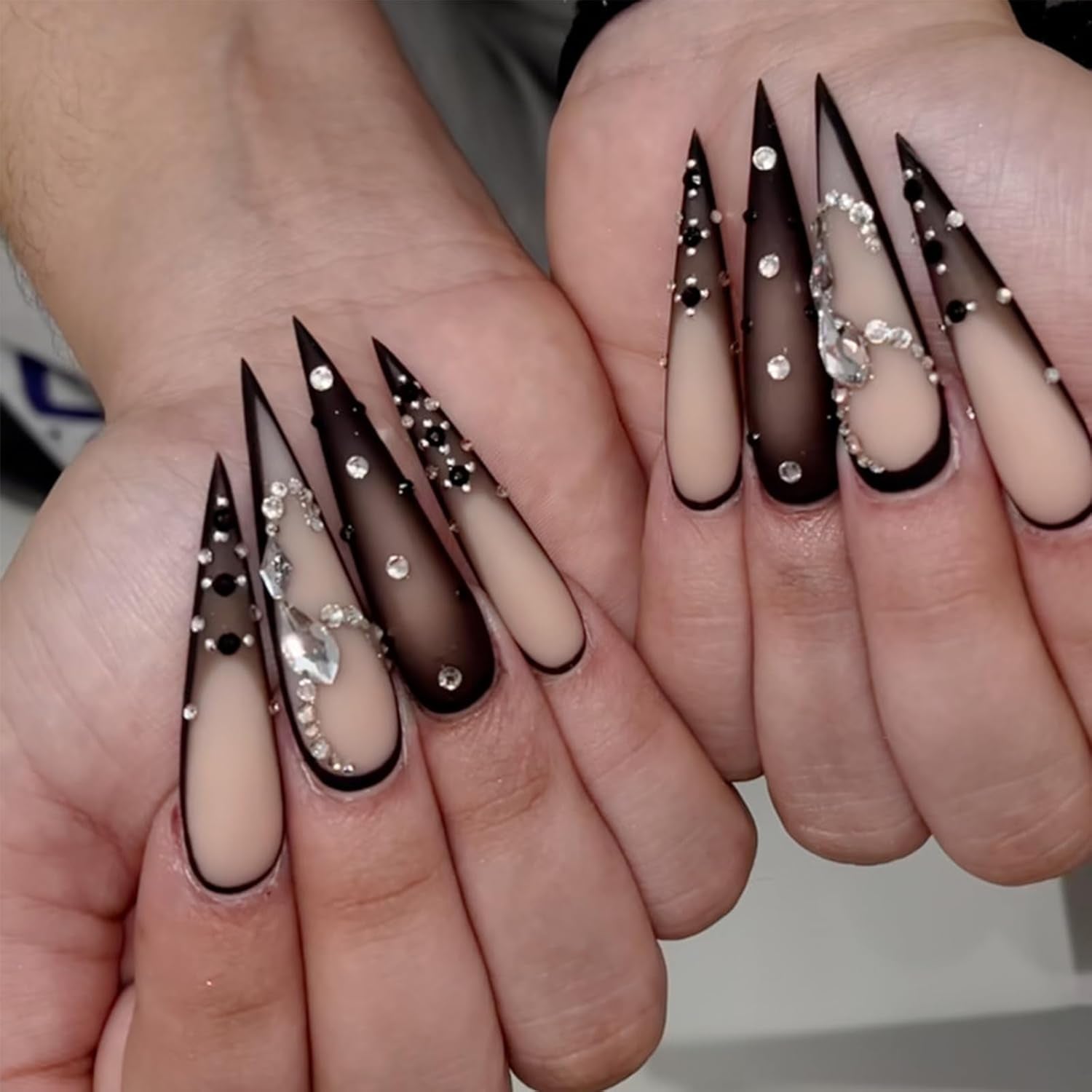 Brown Luxury Press on Nails - Long Stiletto Pointed Fake Nails with French Tips, Rhinestones, Sharp Goth Black Ombre Acrylic Designs, Glossy Glue on Nails for Women - 24Pcs