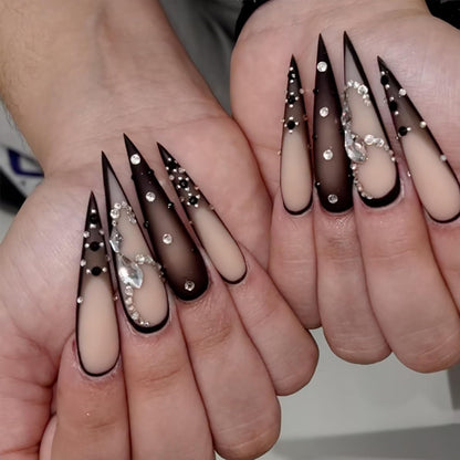 Brown Luxury Press on Nails - Long Stiletto Pointed Fake Nails with French Tips, Rhinestones, Sharp Goth Black Ombre Acrylic Designs, Glossy Glue on Nails for Women - 24Pcs