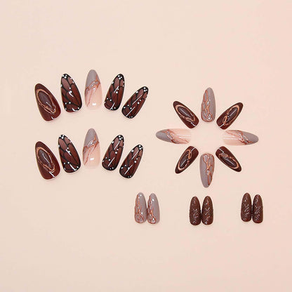 Buttterfly Press on Nails Medium Almond Fake Nails Brown Press on False Nails with Butterfly and Striped Design Fall Nails for Women 24Pcs