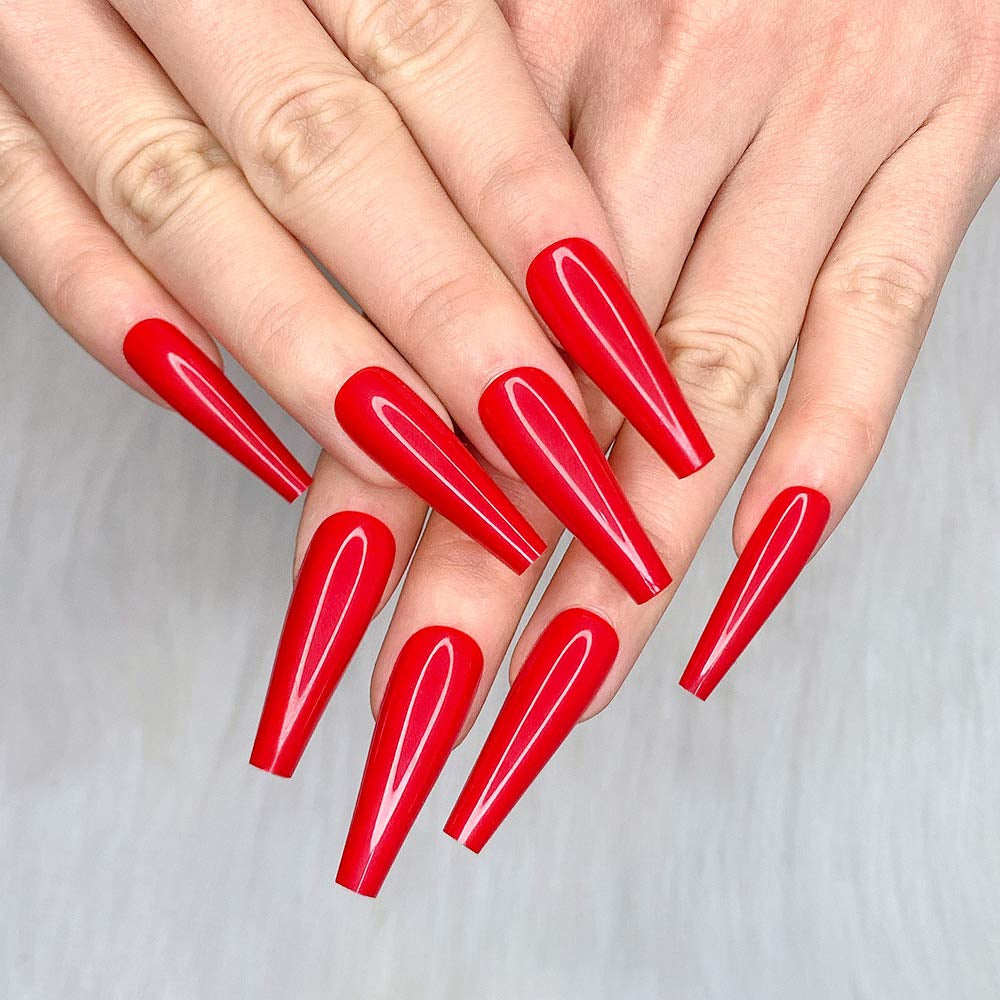 24Pcs Red Pure Color Ballerina Long Coffin Glossy Fake Nails Press on Nail False Tips Manicure for Women