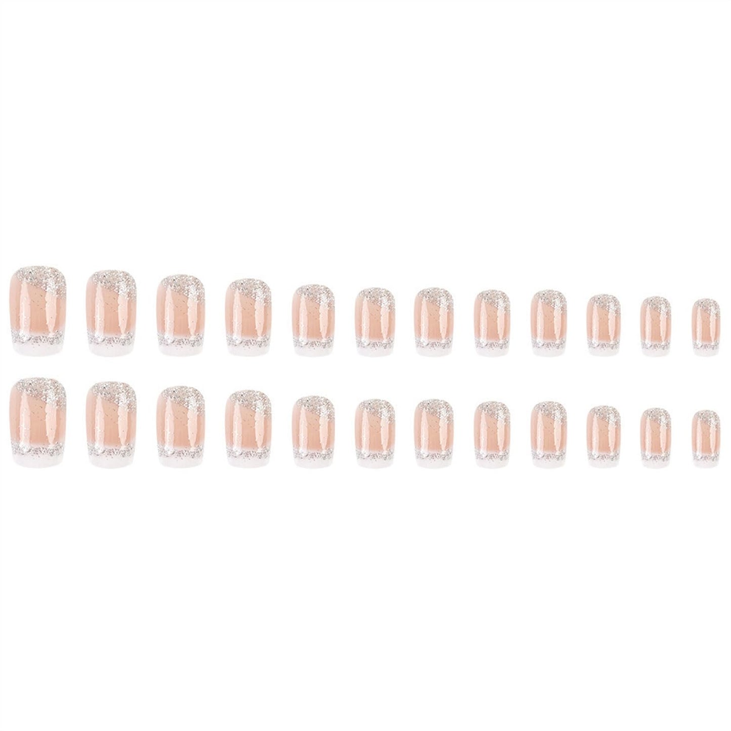 Medium Press on Nails Square Fake Nails French Tips Nails Press Ons Silver Glitter False Nail with White Ombre Designs Acrylic Glue on Nail Nude Glossy Stick on Nail for Women 24 Pcs