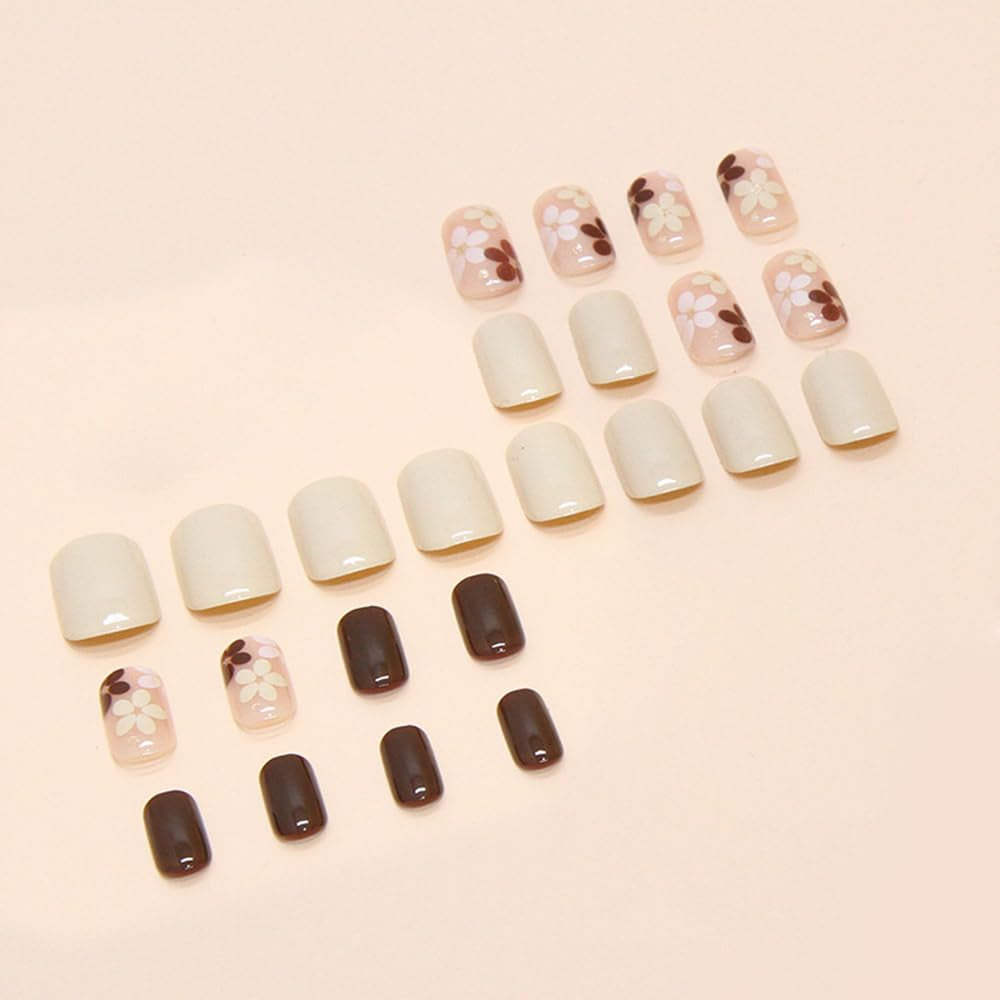 Autumn Flowers Fall Press on Nails - Extra Short Square Brown False Nails, Glossy Glue On, Acrylic, Full Cover, 24 Pcs