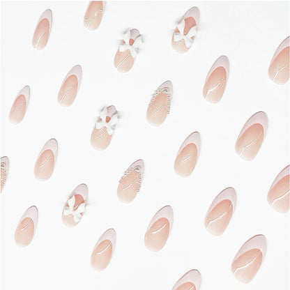24Pcs Almond Shaped Artificial Nails - French Tips with Cute Bow Charms Design - Nude Pink Acrylic Nails for Women & Girls