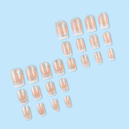 Medium Press on Nails Square Fake Nails French Tips Nails Press Ons Silver Glitter False Nail with White Ombre Designs Acrylic Glue on Nail Nude Glossy Stick on Nail for Women 24 Pcs