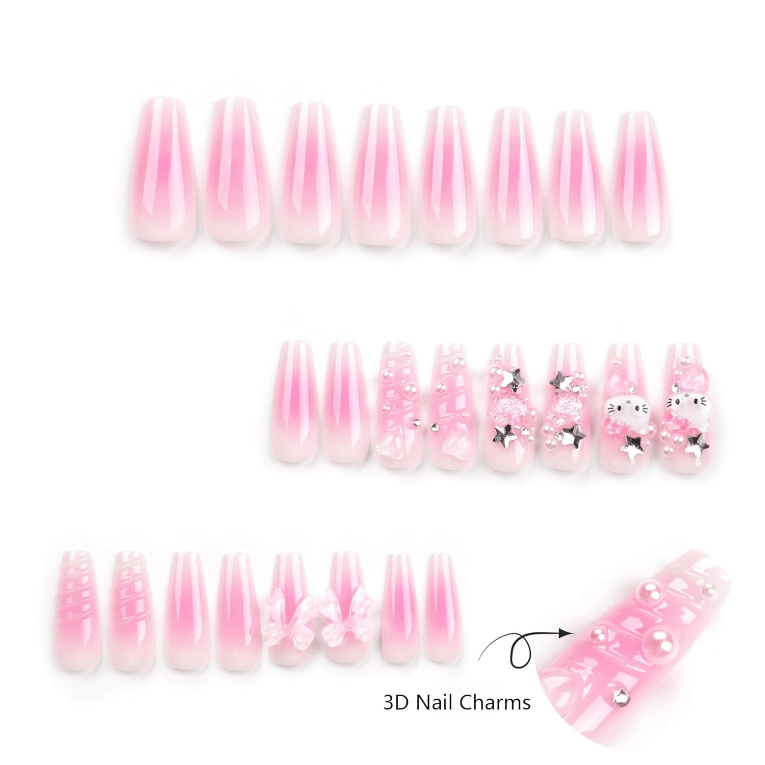 24Pcs Pink Coffin Nails Press on Nails Long Coffin Fake Nail with 3D Heart Pearl Star Charms Design Nail Art Gems Diamond Pink Acrylic Nail Art Supply Full Cover Stick on Nails Art for Women