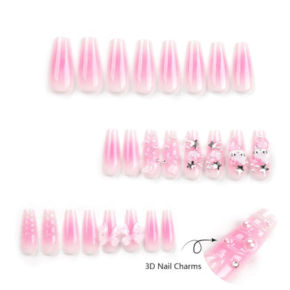 24Pcs Pink Coffin Nails Press on Nails Long Coffin Fake Nail with 3D Heart Pearl Star Charms Design Nail Art Gems Diamond Pink Acrylic Nail Art Supply Full Cover Stick on Nails Art for Women