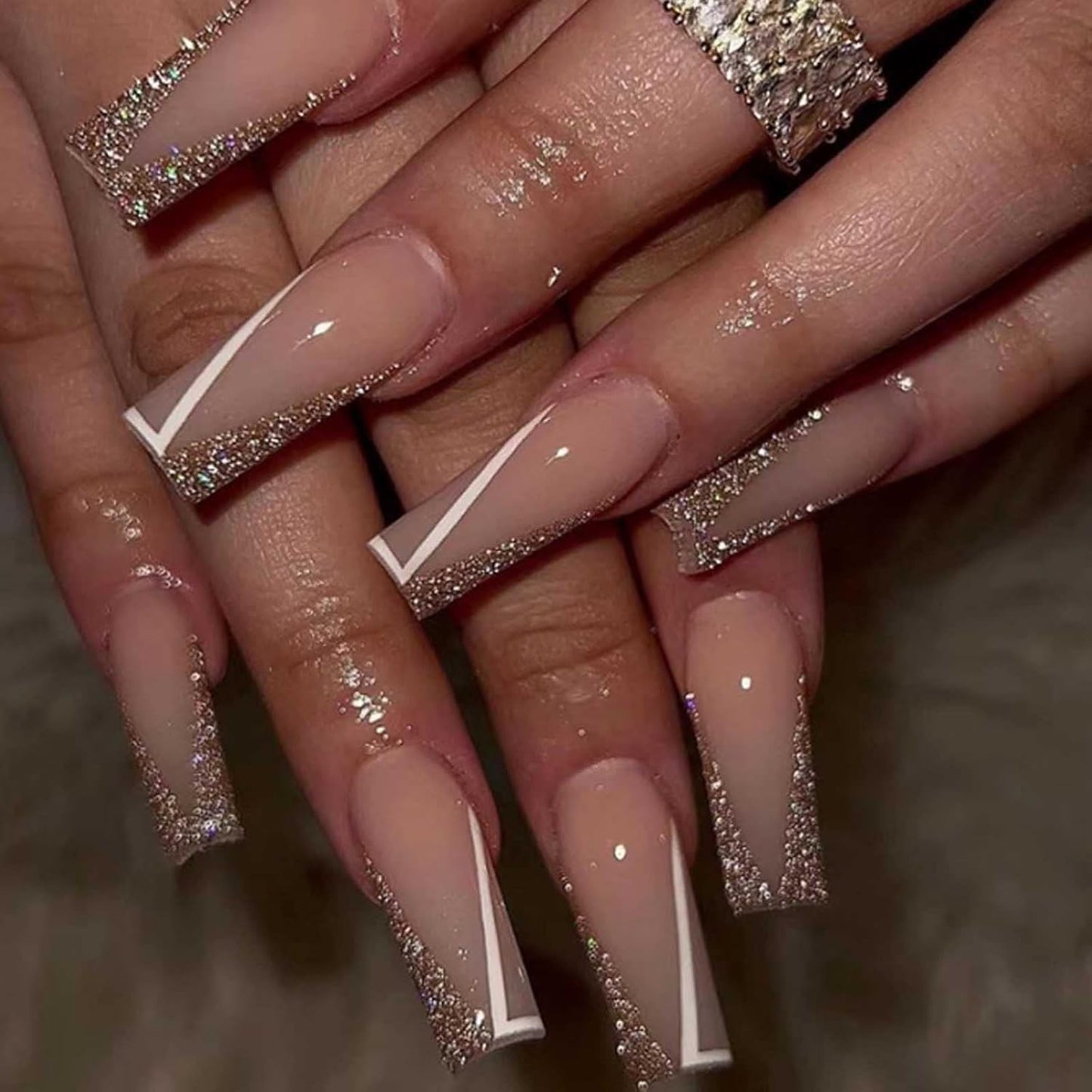 Long Press on Nails Square French Fake Nails Full Cover Nude Acrylic False Nails for Women and Girls 24PCS (Bling Multicolor)