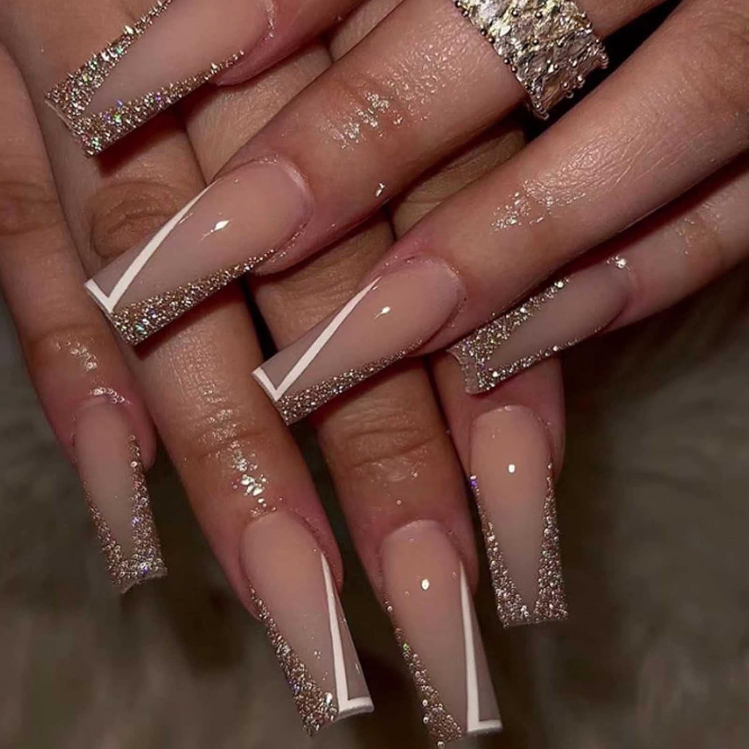 Long Press on Nails Square French Fake Nails Full Cover Nude Acrylic False Nails for Women and Girls 24PCS (Bling Multicolor)