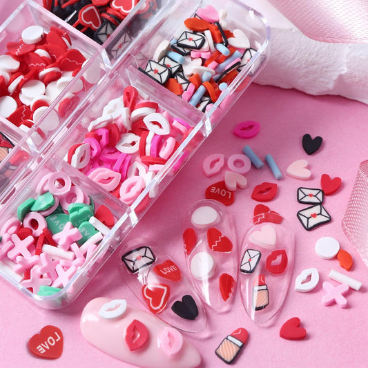 6 Grids Valentines Nail Art Slices Red Lips Designs Heart Nail Charms 3D Colorful Clay Slices Mini Slices for DIY Crafts,Nail Art and Cellphone Decorations Accessories