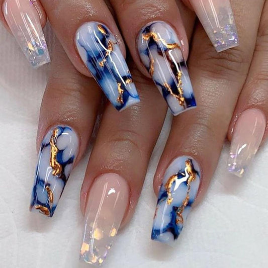 Medium Length Glossy Acrylic Coffin Press-On Nails with Blue Marble and Sequin Designs - 24 Pcs Full Cover Artificial Nails for Women