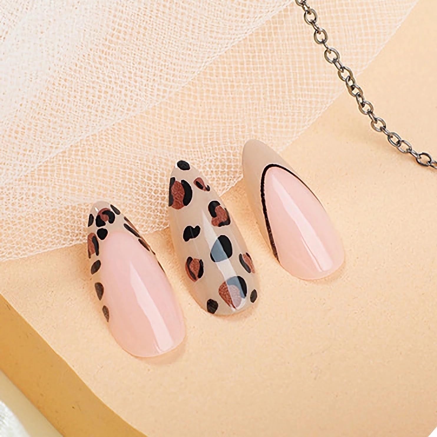 Almond Press on Nails Medium Fake Nails Light Brown French Tip Glue Ons Leopard Design Stiletto Fall Cheetah Acrylic False Nail Glossy 24Pcs