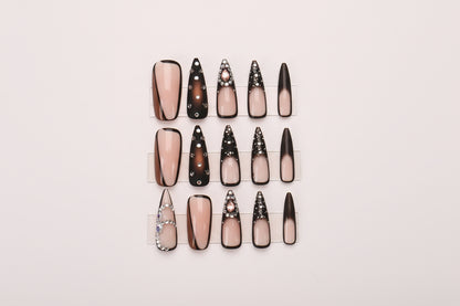 Brown Luxury Press on Nails - Long Stiletto Pointed Fake Nails with French Tips, Rhinestones, Sharp Goth Black Ombre Acrylic Designs, Glossy Glue on Nails for Women - 24Pcs