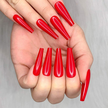24Pcs Red Pure Color Ballerina Long Coffin Glossy Fake Nails Press on Nail False Tips Manicure for Women