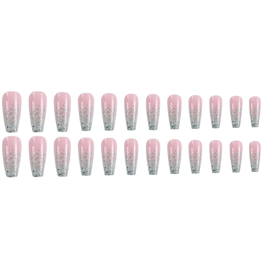 Ombre Pink Press on Nails - Medium Coffin Fake Nails with Design Bling Glitter Sequins - Glue on Nails - Full Cover Acrylic Stick on Nails - Glossy Artificial Nails for Women - Manicure - 24Pcs