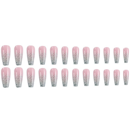 Ombre Pink Press on Nails - Medium Coffin Fake Nails with Design Bling Glitter Sequins - Glue on Nails - Full Cover Acrylic Stick on Nails - Glossy Artificial Nails for Women - Manicure - 24Pcs